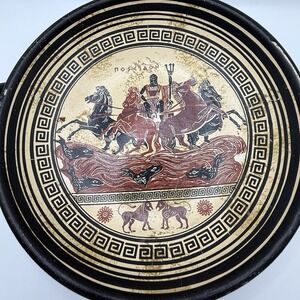 Handmade‎ Greek Pottery Dish With Handles Poseidon Horses Fish God Of The Sea